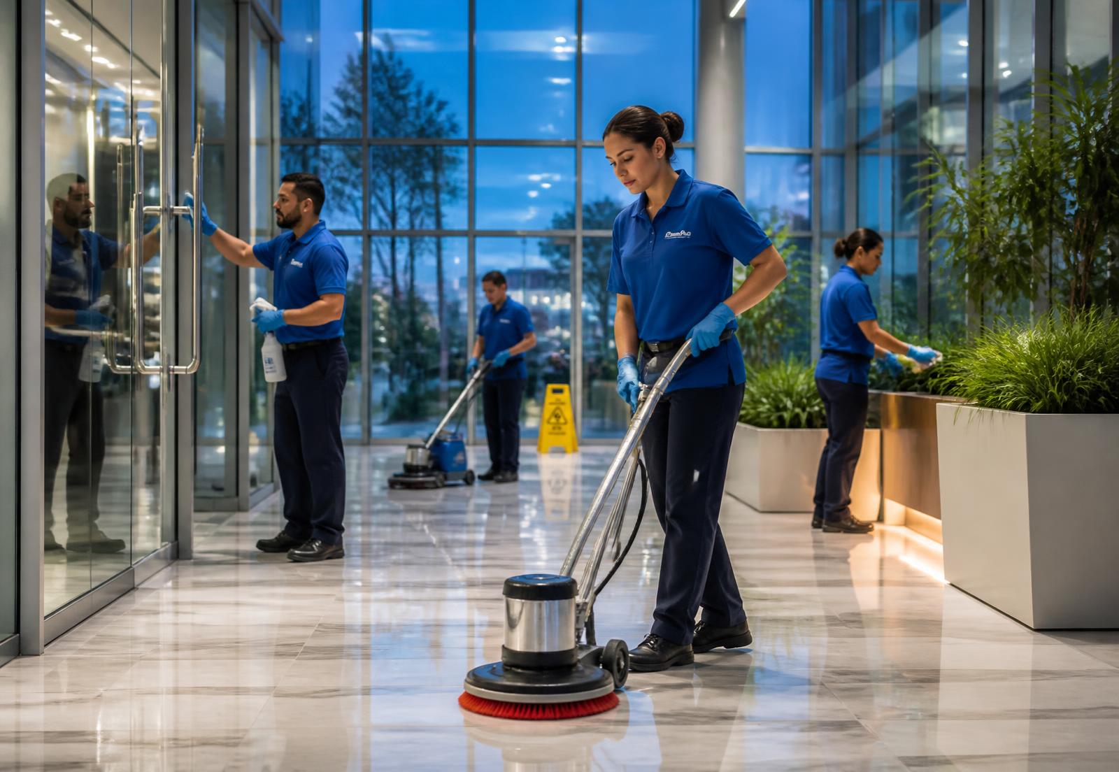 JG Family Cleaning crew cleaning a modern office lobby in the evening